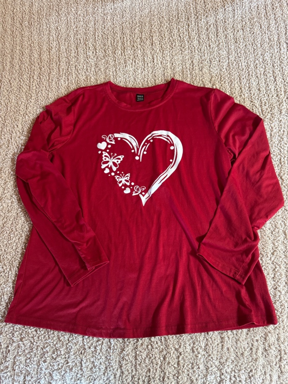 SHEIN Red Long Sleeve Tee with White Heart Butterfly Graphic